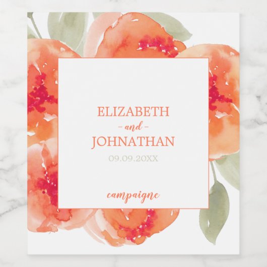 Elegant Waterverf Peach Peonies Floral Wedding Wijn Etiket (Enkel label)