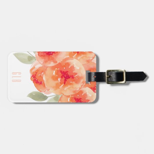 Elegant Waterverf Peach Peonies Monogram Label Bagagelabel (Voorkant horizontaal)