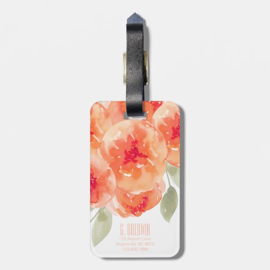 Elegant Waterverf Peach Peonies Monogram Label Bagagelabel (Achterkant verticaal)