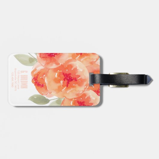 Elegant Waterverf Peach Peonies Monogram Label Bagagelabel (Achterkant horizontaal)