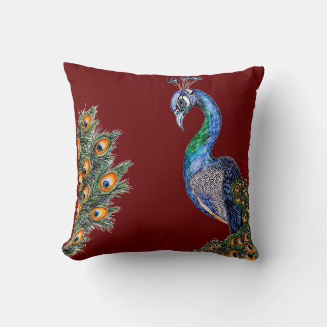 Elegant Waterverf Peacock Burgundy Kussen (Voorkant)