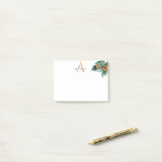 Elegant Waterverf Peacock Feather Monogram Post-it® Notes (Op bureau)