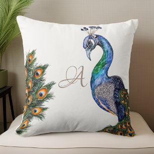 Elegant Waterverf Peacock Monogram Kussen