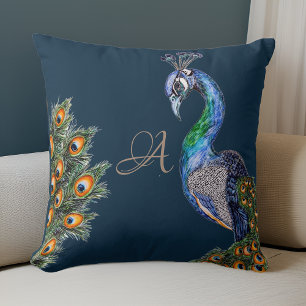Elegant Waterverf Peacock Monogram Navy Kussen