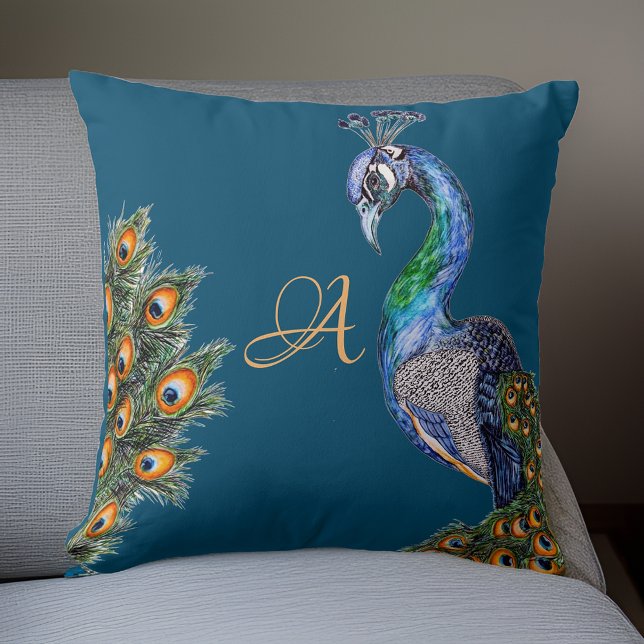 Elegant Waterverf Peacock Monogram Navy Kussen (Creator heeft geüpload)
