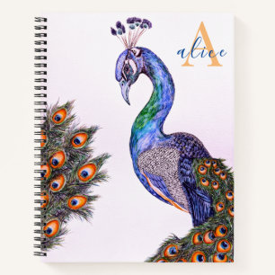 Elegant Waterverf Peacock Monogram Roze Notitieboek