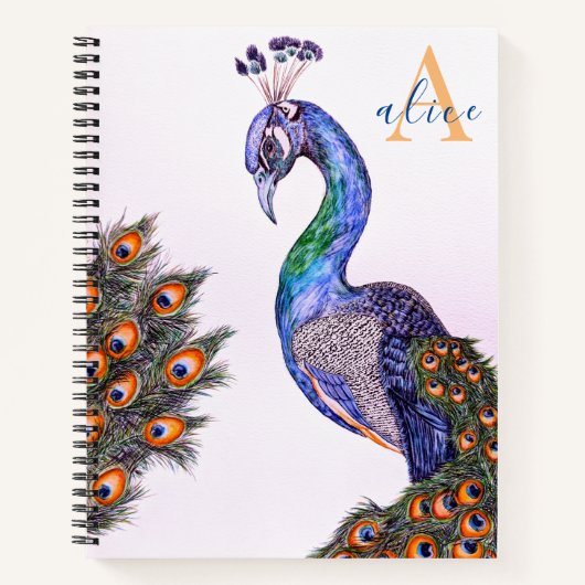 Elegant Waterverf Peacock Monogram Roze Notitieboek (Voorkant)