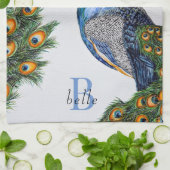 Elegant Waterverf Peacock Monogram Theedoek (Gevouwen)