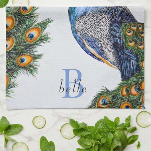 Elegant Waterverf Peacock Monogram Theedoek (Gevouwen)