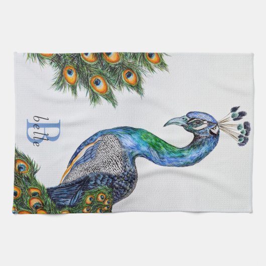 Elegant Waterverf Peacock Monogram Theedoek (Horizontaal)