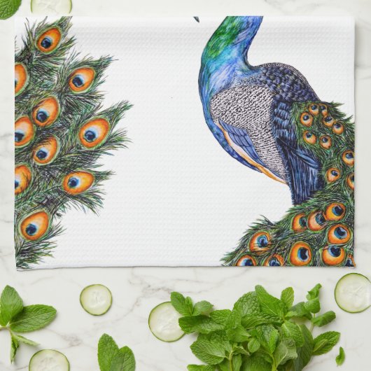 Elegant Waterverf Peacock Monogram Theedoek (Gevouwen)