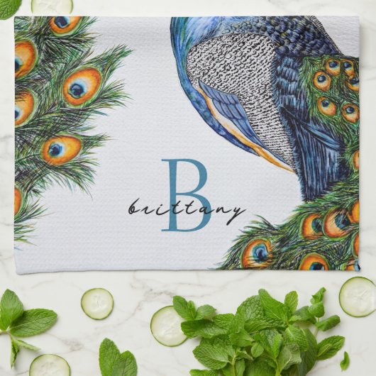 Elegant Waterverf Peacock Monogram Theedoek (Gevouwen)