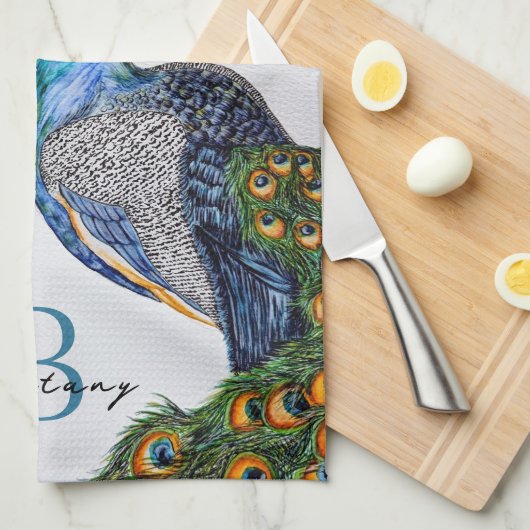 Elegant Waterverf Peacock Monogram Theedoek (Quarter Fold)