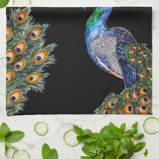 Elegant Waterverf Peacock Monogram Theedoek (Gevouwen)