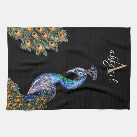 Elegant Waterverf Peacock Monogram Theedoek (Horizontaal)