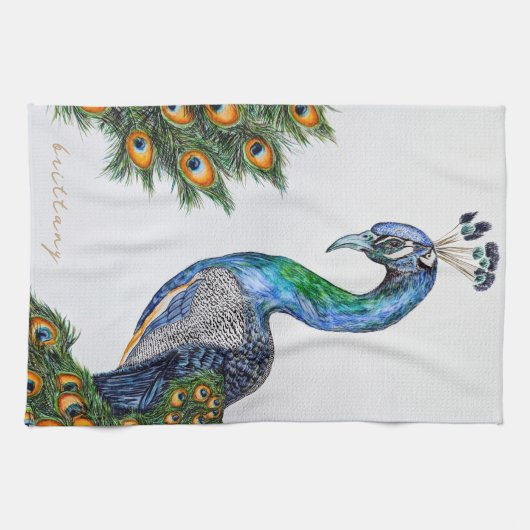 Elegant Waterverf Peacock Monogram Theedoek (Horizontaal)