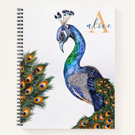 Elegant Waterverf Peacock Monogram White Notitieboek (Voorkant)