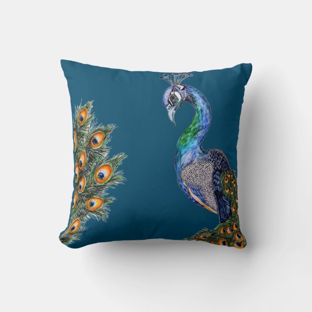 Elegant Waterverf Peacock Navy Kussen (Voorkant)