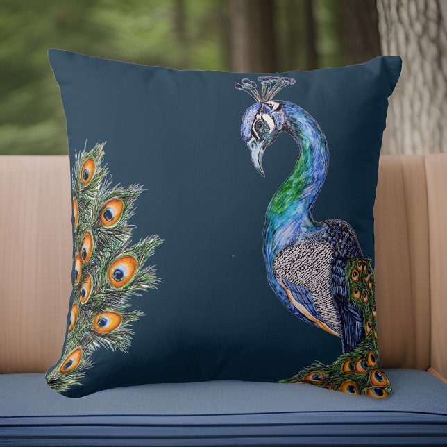 Elegant Waterverf Peacock Navy Kussen (Creator heeft geüpload)