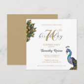 Elegant Waterverf Peacock Surprise Birthday Party Kaart (Voorkant / Achterkant)