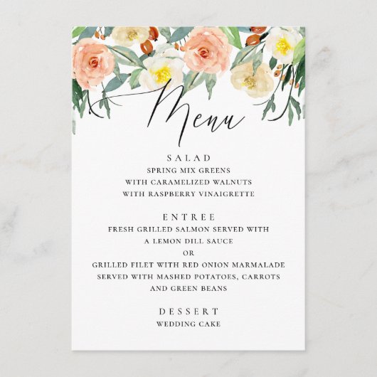 Elegant waterverf perzikappeltuinbruiloft menu (Voorkant)