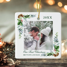 Elegant Waterverf Pine Couple Eerste Kerstmis Keramisch Ornament