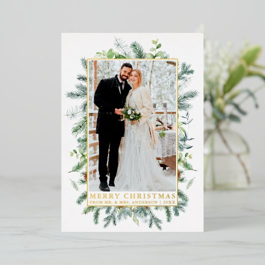 Elegant Waterverf Pine Lijst Pas getrouwd Gold Folie Feestdagenkaart (Staand Voorkant)