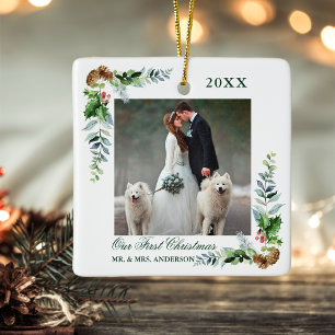 Elegant Waterverf Pine Weddenschap Eerste Kerstmis Keramisch Ornament