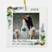 Elegant Waterverf Pine Weddenschap Eerste Kerstmis Keramisch Ornament (Voorkant)