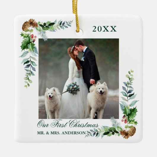 Elegant Waterverf Pine Weddenschap Eerste Kerstmis Keramisch Ornament (Voorkant)