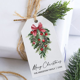 Elegant Waterverf Pines Calligrafie Kerstmis Cadeaulabel