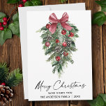 Elegant Waterverf Pines Calligrafie Kerstmis Feestdagenkaart<br><div class="desc">Moderne Elegant Calligraphy Ink Script Waterverf Pines Winter Greenery with Burgundy Red Ribbon Bow kerstsierents,  Pine Cones and Holly Berry kerskaart</div>