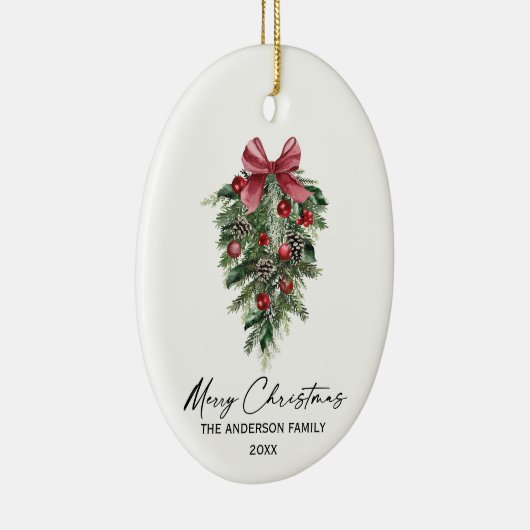 Elegant Waterverf Pines Calligrafie Kerstmis Keramisch Ornament (Rechts)