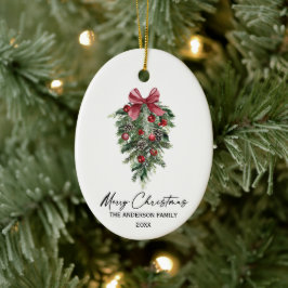 Elegant Waterverf Pines Calligrafie Kerstmis Keramisch Ornament