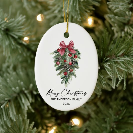 Elegant Waterverf Pines Calligrafie Kerstmis Keramisch Ornament (Boom)