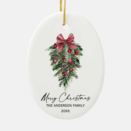 Elegant Waterverf Pines Calligrafie Kerstmis Keramisch Ornament (Achterkant)
