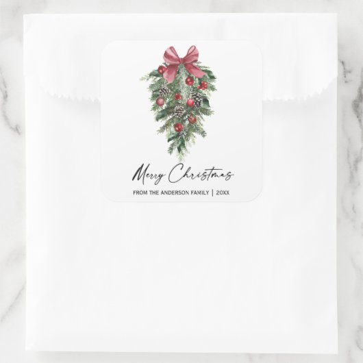 Elegant Waterverf Pines Calligrafie Kerstmis Vierkante Sticker (Tas)