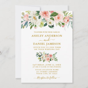 Elegant Waterverf Pink Blush Floral Gold Wedding Kaart