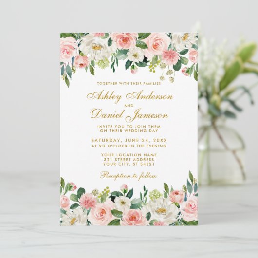 Elegant Waterverf Pink Blush Floral Wedding Kaart (Staand voorkant)