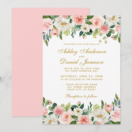 Elegant Waterverf Pink Blush Floral Wedding Kaart (Voorkant / Achterkant)