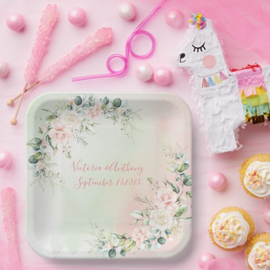 Elegant Waterverf Pink Blush Floral Wedding Papieren Bordje (Feest)