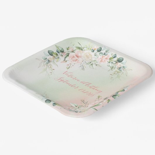 Elegant Waterverf Pink Blush Floral Wedding Papieren Bordje (Gebogen)