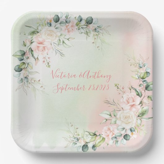 Elegant Waterverf Pink Blush Floral Wedding Papieren Bordje (Voorkant)