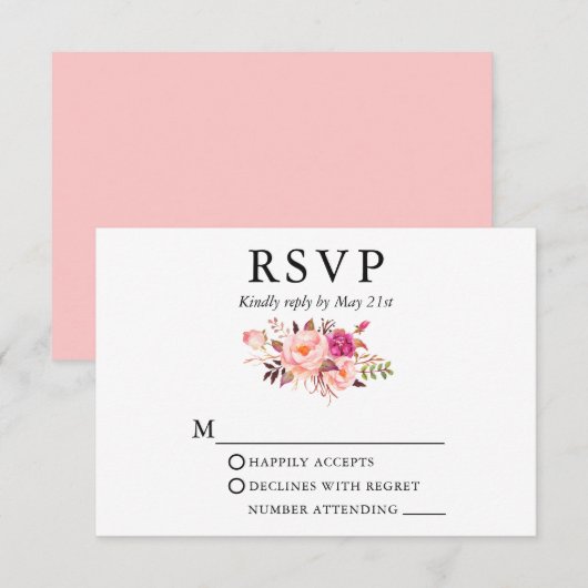 Elegant Waterverf Pink Blush Floral Wedding RSVP Kaartje (Voorkant / Achterkant)