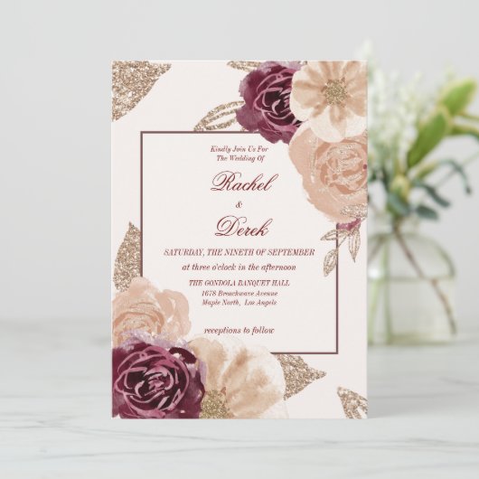 Elegant Waterverf Pink Burgundy Floral Wedding Kaart (Staand voorkant)