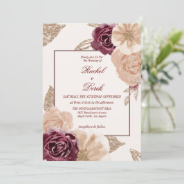 Elegant Waterverf Pink Burgundy Floral Wedding Kaart
