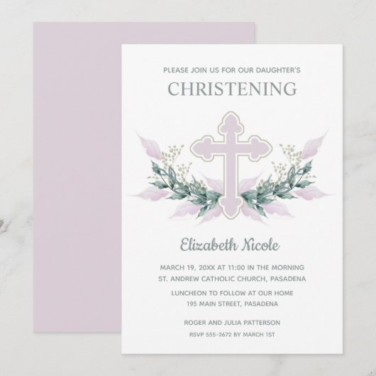 Elegant Waterverf Pink Christening Kaart (Voorkant / Achterkant)
