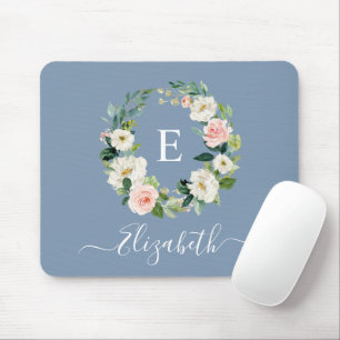 Elegant Waterverf Pink Floral Dusty Blue Monogram Muismat