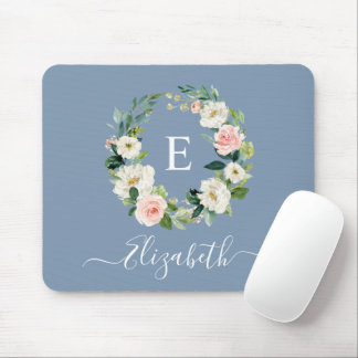 Elegant Waterverf Pink Floral Dusty Blue Monogram Muismat
