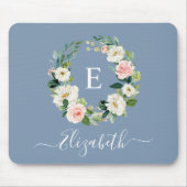Elegant Waterverf Pink Floral Dusty Blue Monogram Muismat (Voorkant)